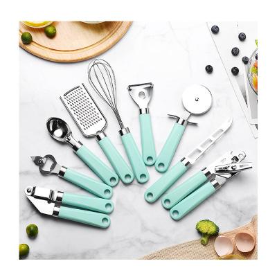 China Factory Direct Sale Sustainable Food Grade Stainless Steel Kitchen Utensil 9 Pcs Set Plastic Handle Kitchen Tools for sale