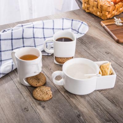 China Custom Sublimation Ceramic Milk Biscuits Logo Uninverted Mugs Coffee Tea Cup Dessert Cup Biscuit Pocket Mug with Biscuit Holder for sale