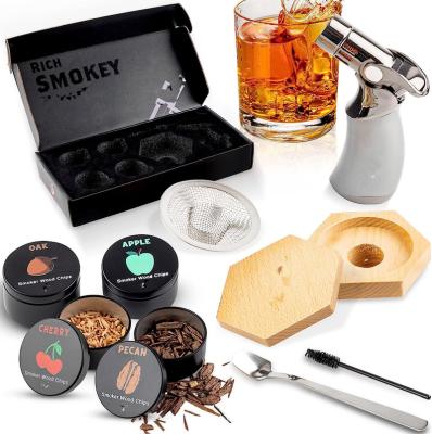 China Custom stocked hot sale logo cocktail smoker kit with scrap wood torch shot glass whiskey stone in wooden gift box for sale