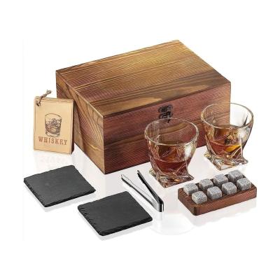 China Stocked Most Popular Promotional Whiskey Stone Gift Set Stainless Steel Ice Cube And Glass With Wooden Box Set for sale