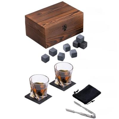 China Stocked B2C Top Selling Most Popular Promotional Luxury Whiskey Glass Wine Gift Christmas Stone Gift Set In Wooden Box for sale