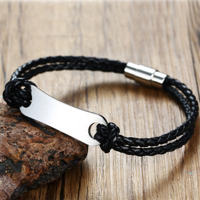 China CLASSIC Men Leather Magnet Bracelets Stainless Steel Bar Custom Engraving Bracelet for sale