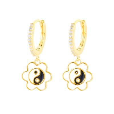 China Cute Trendy Enamel Round Yinyang Flower Sterling Silver Charm Circle Earrings for sale