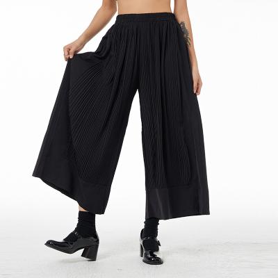 China 2022 waist spring pure color plus size new women's wide leg pants high waist temperament elastic waist fashion pleated pants 9323 for sale