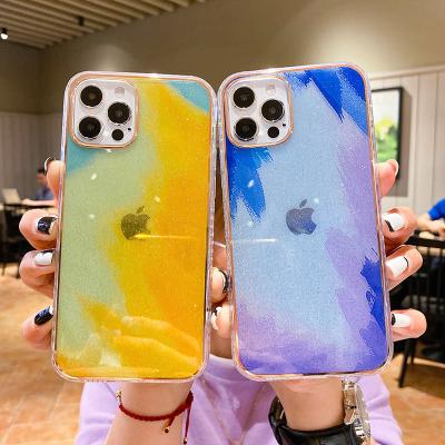 China Anti-drop For iPhone 13 pro 13 Max Watercolor Painting Case Clear Phone Case TPU Gold Glitter For iPhone Case Watercolor Clear for sale