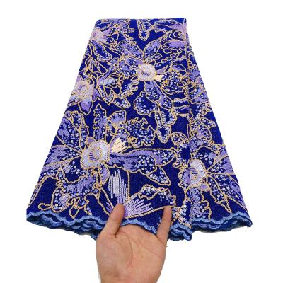 China Viable Wholesale Royal Blue African French Lace Material Embroidery Sequin Mesh Sequin Lace Fabrics For Women for sale