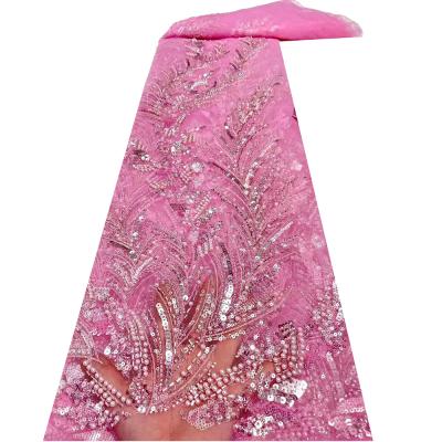 China Beautiful Sustainable Women Wedding 3d Beads Lace Fabric High Quality Sequins Lace Up Fabric Sewing Dress for sale