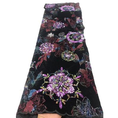 China Viable Flower Embroidery Sequins Lace Up Beautiful Sequins French Velvet Lace Fabrics Women Dress for sale