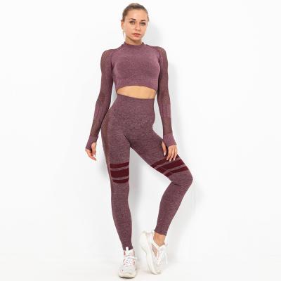 China 2021 Breathable Logo Woman Fitness Seamless High Quality Custom Yoga Set Mesh Gaiters Gym Yoga Set Waist Long Sleeve Wear Sweatpants for sale