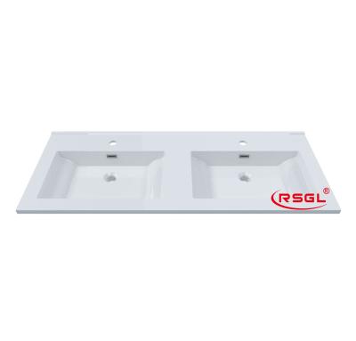 China Durable High Quality Double Bowl Bathroom Artificial Stone Sink With Two Hole Freestanding Wash Basin for sale