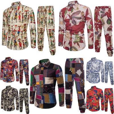 China QUICK DRY men's summer plus casual low price wholesale men's two-piece pants waist shirt suit printed long-sleeved pants for sale