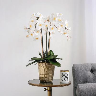 China 3 Branches Decor Wholesale Silk Fabric 1 Real White Heads Leaf Stems Replica Pink Silk Latex Artificial Potted Orchid Flower In Vase for sale