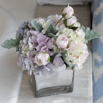 China Flower Arrangement for Home Decor PVC Latex Layout for Wedding Home Decoration Artificial Flower Mix Table Hydrangea Silk Ball with Vase for sale