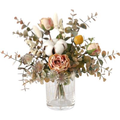 China Home /wedding decoration plants wheat and branches decor dry cotton stems artificial roses flower bouquet decoration arrangements in vase for sale