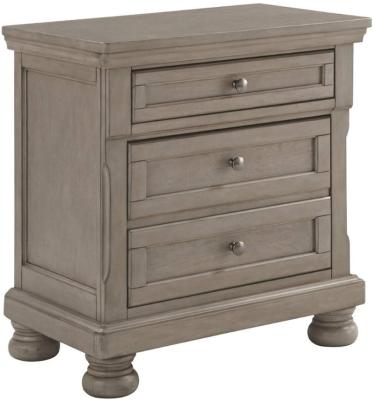 China Wooden Nightstand Ashen Three Drawer Rustic Style Nightstand cut out of wood with block legs for sale