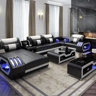 China Living Room Genuine Leather Sofa Set Sectional l shape Sofa Set Recliner of Extendable Top Grain LED Sofa Lamps Super Modern Style for sale