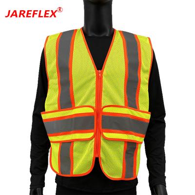 China Pockets Safety Vest Reflective Fluorescent Yellow Mesh/High Visibility Vest with Pockets and Zipper for sale