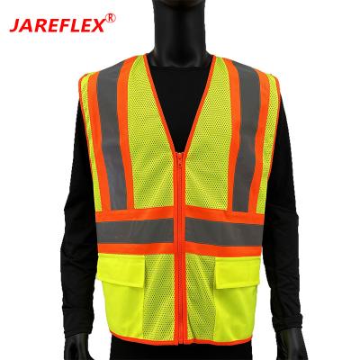 China Polyester Mesh High Visibility Reflective Safety Vest with Pockets and Zipper, Breathable Mesh, Neon Orange for sale