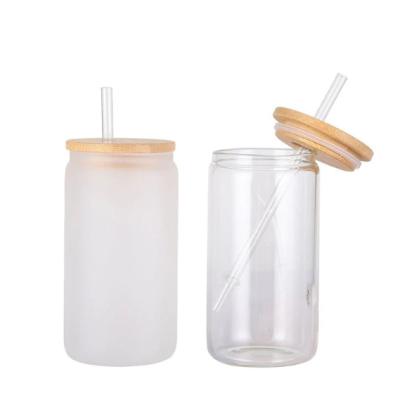 China CLASSIC 12oz 16oz Frosted Clear Coffee Sublimation Box Soda Shaped Beer Can Jar Glass Mug With Bamboo Lid for sale