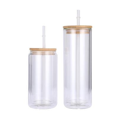 China CLASSIC 12oz 16oz 20oz double wall glass can snow globe glass box sublimation glass box with lid and straw for sale