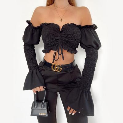 China New Fashion Breathable Off The Shoulder Blouses Elegant Irregular Sense Of Design Drawstring Women Tops And Blouses for sale