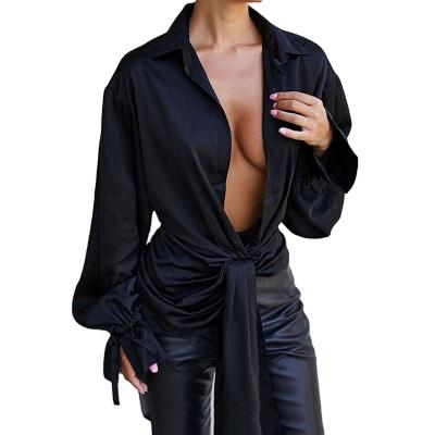 China New Elegant Women's Anti-Shrink Long Lantern Deep Sleeve Satin V-Neckline Silk Shirt Women's Blouses And Shirts For Women for sale