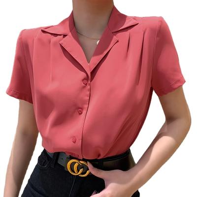 China Anti-pilling Vintage Shirt Office Shirts For Women Lady Short Sleeve Single Button Down Casual Shirts for sale