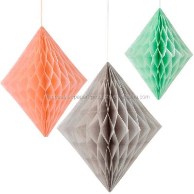 China Paper Folding Diamond Shaped Honeycomb Tissue Paper Paper Lanterns Decorations Diamond Decoration Set Paper Honeycomb Pastel Decoration for sale