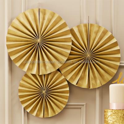 China Gold Fan Party Decorations Paper Fans Backdrop Solid Color Hanging Paper Party Around Decoration Wallpaper Hanging Fans for sale