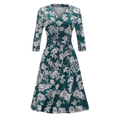 China Wholesale Spring Breathable Autumn Elegant Floral Print Dress For Women Sexy V-neck Wrapped Lace Casual Dress XG2804 for sale