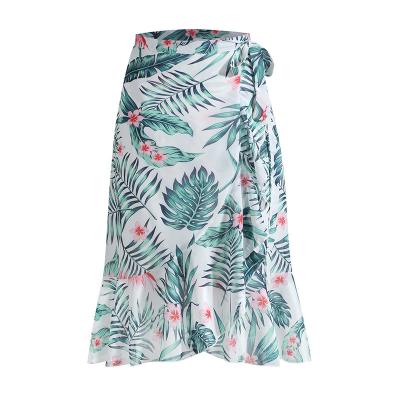 China 2021 New Style Breathable Summer Beach Print Chiffon Skirts Shape Tropical Floral Print Ruffle Edge Long Skirts for sale