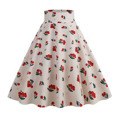 China Anti-Static Cherry Printed Cute Girls Ladies Midi Skirt A Line Summer Beige Floral Sexy Skirts For Women for sale