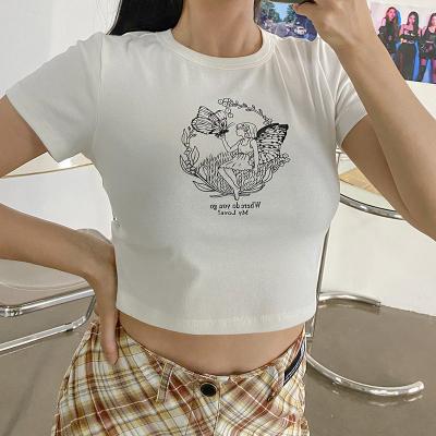 China Breathable Wholesale Cotton Printed T-shirt Girl Crop Top Ladies Clothes Women Short Cropped Graphic T-shirt for sale