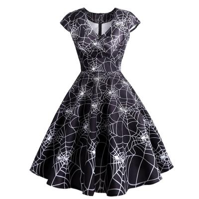 China Wholesale Breathable Halloween Dress For Women Elegant Spider Print Dress V Neck Short Sleeve Swing Dress for sale