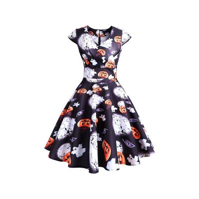 China Wholesale Breathable Halloween Dress For Women Elegant Pumpkin Print Dress V Neck Short Sleeve Swing Dress for sale