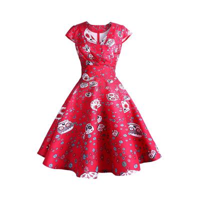 China Wholesale Breathable Halloween Dress For Women Elegant Skull Print Dress V Neck Short Sleeve Swing Dress for sale