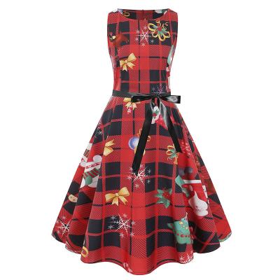 China Fashion Breathable Wholesale Women Printed Plaid Sleeveless Christmas Vintage Vintage Midi Dress With Sashes F401 for sale