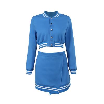 China Stylish Letterman Baseball Culture Anti-pilling Women Winter Outfits Party Club Wear Jacket and Skirt Set Sexy Mini Skirt Two Piece Set for sale