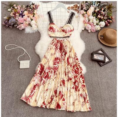 China 2022 Summer Breathable Bohemian Style High Waist Pleated Two Piece Set Long Maxi Elegant Casual Dress Summer Dress Women Lady Elegant for sale