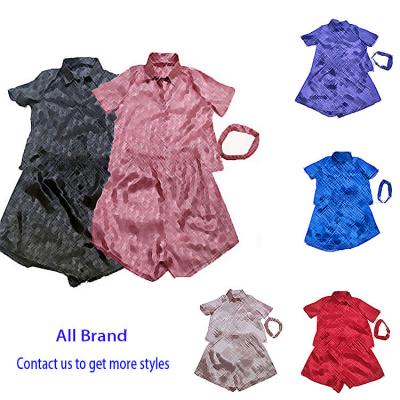 China Summer QUICK DRY Famous Brand Women Silk Short Sleeve Sleepwear With Headband Designer Print 3 Pieces Satin Pajamas Set for sale