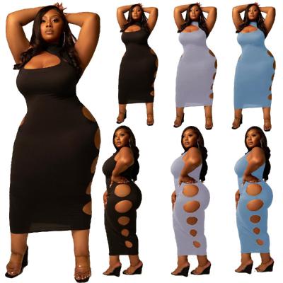 China Plus Size Women Viable Solid Color Sexy Sleeveless Hollow Out Bodycon Midi Dress Summer Casual Slim Fit Dress Long for sale