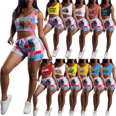 China 2021 New Arrivals QUICK DRY Women Invest And Shorts Set Main Summer Cardboard Print Crop Sleeveless 2 Piece Biker Shorts Set for sale