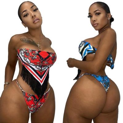 China 2021 Women's Breathable Wholesale Sexy Tassel Swimsuit Floral Print Wrap Tube Bikini Set Tied 2 Piece Swimwear for sale