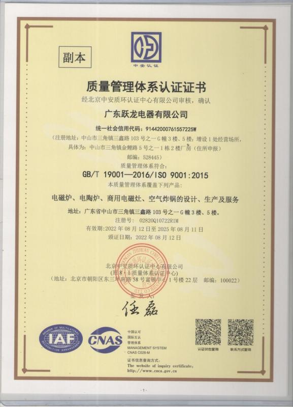 ISO9001 - Guangdong Youlong Electrical Appliances Co., Ltd.