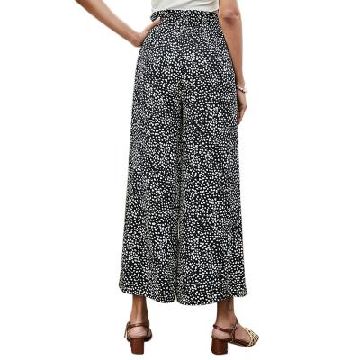 China wholesale Anti-wrinkle ladies black all over print wide leg pants women's high elastic waist casual pants for sale