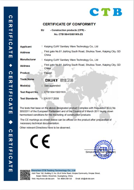 CE - Kaiping Ojay Sanitary Ware Technology Co., Ltd.