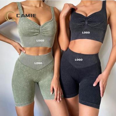 China CAMIE SPORT new hot sale seamless high waist antibacterial two pieces of active wear bra set and shorts acid wash women crack! crack! costume seamless for sale