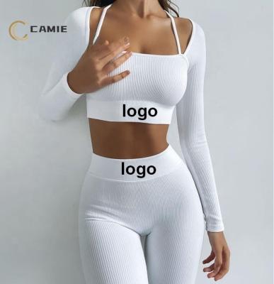 China CAMIE 2022 Breathable Spring New Black White Ribbedd Yoga Sets Gym Fitness Sets Long Sleeves Grow Upper Full Length Leggings 2pcs Set Women for sale