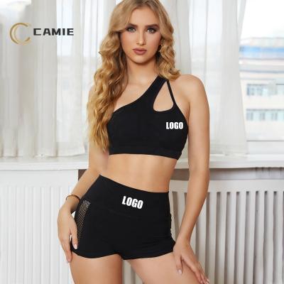 China CAMIE 2022 New Mesh One Shoulder Antibacterial Sexy Bra And Shorts Set Yoga Wear 2 Pcs Sets for sale