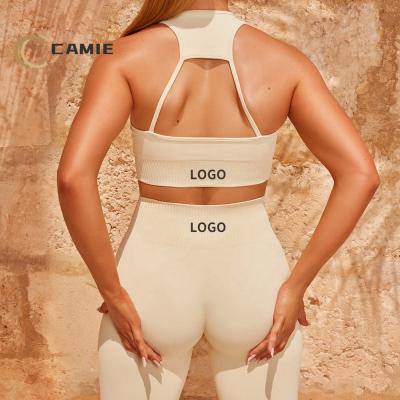 China 2022 Beauty Seamless Antibacterial Back CAMIE Sports Bra and Workout High Waisted Butt Lifter Yoga Pants High Waist Sports Gym Set for sale